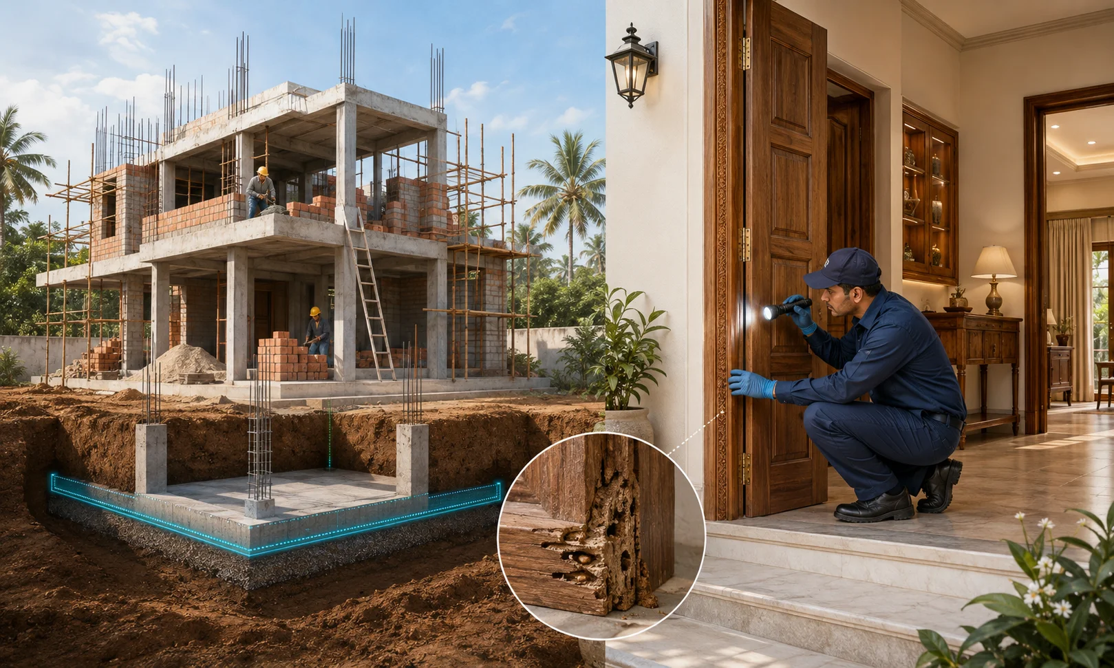 Illustration of termite protection at a new home's foundation and a professional inspecting a wooden door in an existing home
